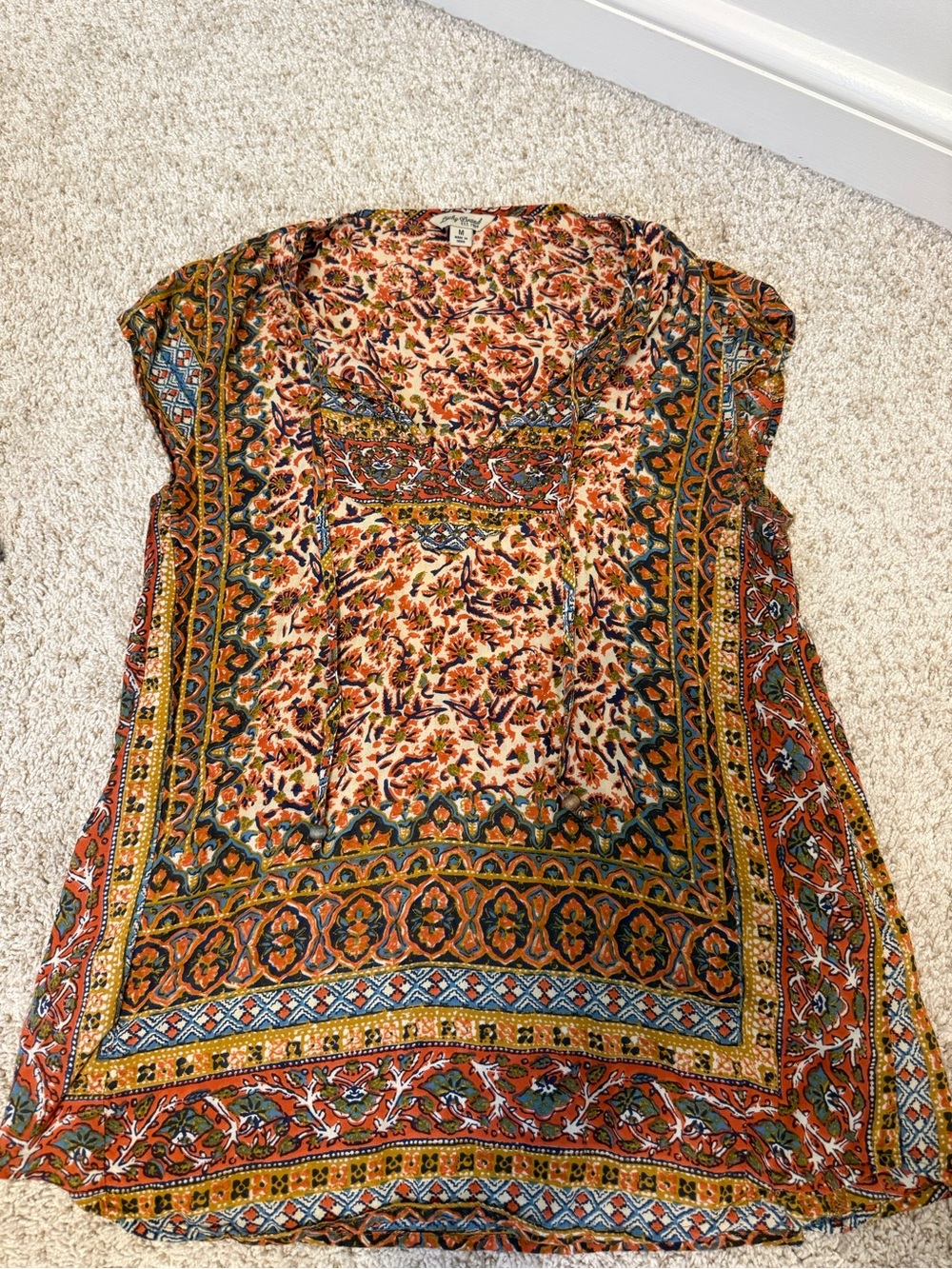 Lucky Brand Multicolor Boho Floral Border Short Sleeve Top
